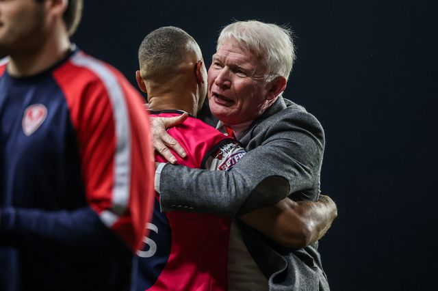 Eamonn McManus, chairman and owner of St Helens celebrates the win with Mark Percival of St. Helens during the Betfred Super League play-off Eliminator 1 match Leeds Rhinos vs St Helens at Headingley Stadium, Leeds, United Kingdom, 27th September 2025

(Photo by Alfie Cosgrove/News Images)