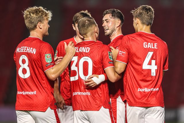 Corey O'Keeffe of Barnsley celebrates his goal to make it 3-1 during the Carabao Cup round 2 match Barnsley vs Crewe Alexandra at Oakwell, Barnsley, United Kingdom on 25 August 2026

(Photo by Alfie Cosgrove/News Images)