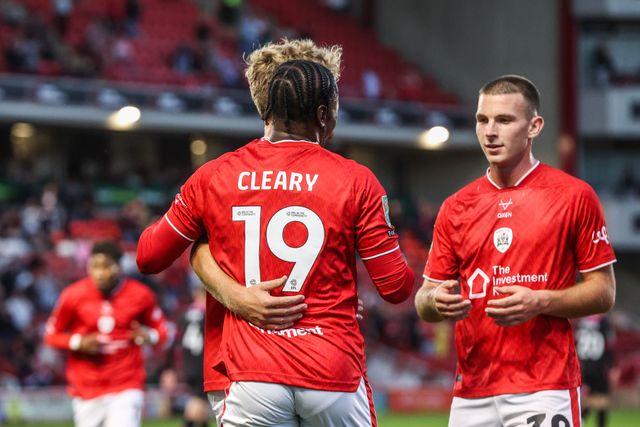 Reyes Cleary of Barnsley celebrates his goal to make it 1-1 during the Carabao Cup round 2 match Barnsley vs Crewe Alexandra at Oakwell, Barnsley, United Kingdom on 25 August 2026

(Photo by Alfie Cosgrove/News Images)
