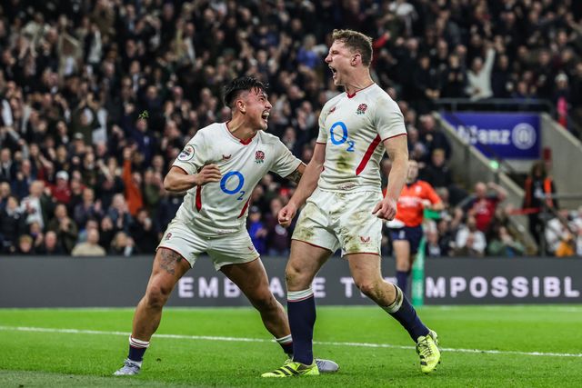 Fraser Dingwall of England celebrates his try during the Quilter Nations Series 2025 match England vs New Zealand at Allianz Stadium, Twickenham, United Kingdom, 15th November 2025

(Photo by Mark Cosgrove/News Images)

*** GER AUT SUI OUT ***