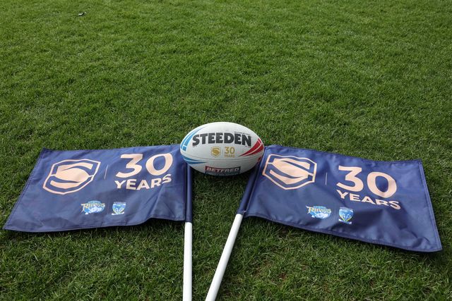 Super League 30 year celebration flags and match ball during the Betfred Super League round 6 match Leeds Rhinos vs Warrington Wolves at AMT Headingley Stadium, Leeds, United Kingdom on 29 March 2026

(Photo by Mark Cosgrove/News Images)