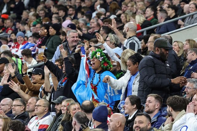 Fiji fans celebrate the try of Caleb Muntz of Fiji during the Quilter Nations Series 2025 match England vs Fiji at Allianz Stadium, Twickenham, United Kingdom, 8th November 2025

(Photo by Mark Cosgrove/News Images)

*** GER AUT SUI OUT ***
