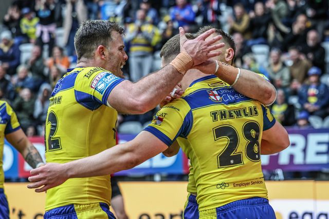 Jake Thewlis of Warrington Wolves celebrates his try during the Betfred Magic Weekend 2025 match Huddersfield Giants vs Hull FC at St. James's Park, Newcastle, United Kingdom, 4th May 2025

(Photo by Mark Cosgrove/News Images)