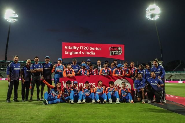 India lift the trophy after winning the series 2-3  during the 5th Vitality IT20 England Women vs India Women at Edgbaston, Birmingham, United Kingdom, 12th July 2025

(Photo by Izzy Poles/News Images)