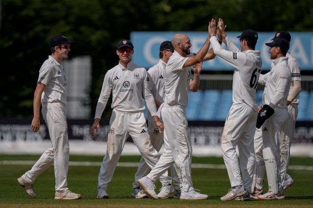 Gabe Bell of Gloucestershire celebrates his wicket of Ben Aitchison of Derbyshire with his team mates during the county Championship Division Two day 4 Derbyshire vs Gloucestershire at The Central Co-Op County Ground, Derby, United Kingdom on 27 April 2026

(Photo by Maynard Manyowa/News Images)