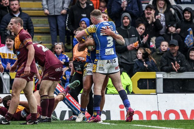 Ryan Hall of Leeds Rhinos goes over for a try during the Betfred Super League Round 8 match Leeds Rhinos vs Huddersfield Giants at Headingley Stadium, Leeds, United Kingdom, 18th April 2025

(Photo by Alfie Cosgrove/News Images)