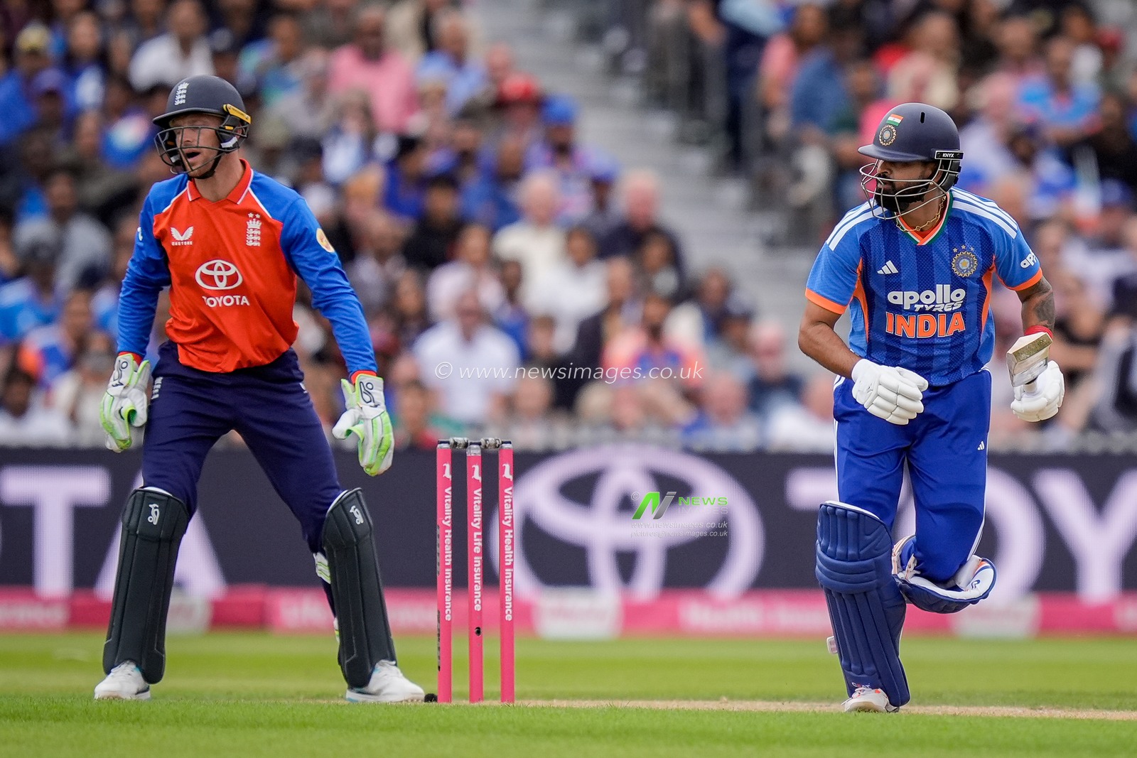 India captain Shreyas Iyer  batting with Jos Buttler of England wicket keeper during the Second Vitality T20 International match England vs India at Old Trafford, Manchester, United Kingdom on 04 July 2026

(Photo by Maynard Manyowa/News Images)