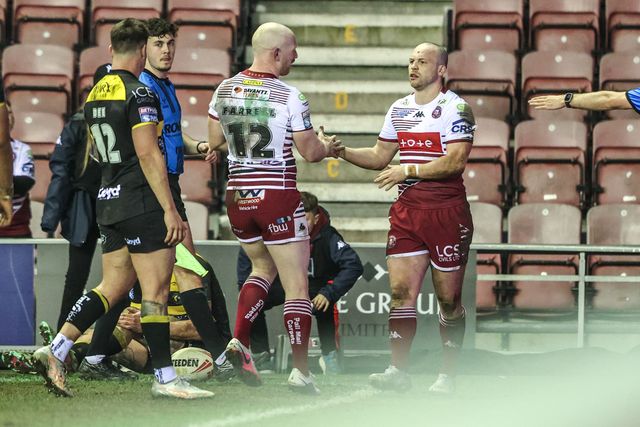 Liam Marshall of Wigan Warriors celebrates his try during the Betfred Super League round 5 match Wigan Warriors vs York Knights at The Brick Community Stadium, Wigan, United Kingdom on 19 March 2026

(Photo by Alfie Cosgrove/News Images)