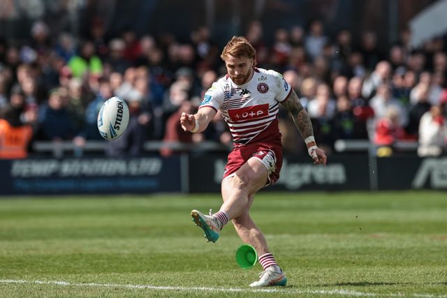 Adam Keighran of Wigan Warriors converts for a goal during the Betfred Challenge Cup Quarter Final match Wakefield Trinity vs Wigan Warriors at DIY Kitchens Stadium, Wakefield, United Kingdom on 12 April 2026

(Photo by Mark Cosgrove/News Images)