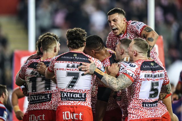 Isaac Liu of Leigh Leopards celebrates his try making it 10-0 during the Betfred Super League play-off Eliminator 1 match Leigh Leopards vs Wakefield Trinity at Progress With Unity Stadium, Leigh, United Kingdom, 26th September 2025

(Photo by Alfie Cosgrove/News Images)