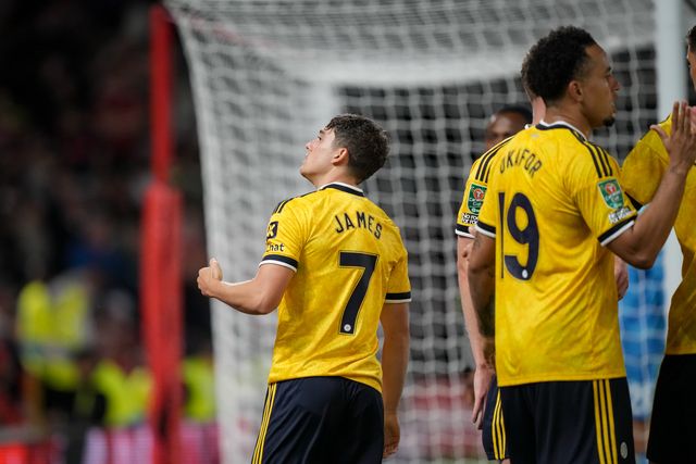Daniel James of Leeds United celebrates his goal to make it  0-1 during the Carabao Cup round 2 match Nottingham Forest vs Leeds Rhinos at City Ground, Nottingham, United Kingdom on 25 August 2026

(Photo by Maynard Manyowa/News Images)