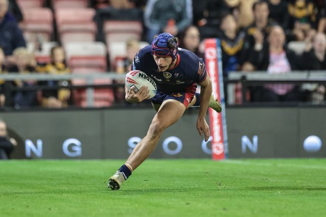 Harry Robertson of St Helens goes over for a try during the Betfred Super League Round 26 match Leigh Leopards vs St Helens at Leigh Sports Village, Leigh, United Kingdom, 12th September 2025

(Photo by Mark Cosgrove/News Images)