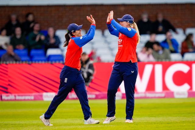 Maia Bouchier of England celebrates taking a catch off the bowling of Charlie Dean of England to dismiss Brooke Halliday of New Zealand during the England Women v New Zealand 1st Vitality IT20 match at The Central Co-Op County Ground, Derby, United Kingdom on 20 May 2026

(Photo by Maynard Manyowa/News Images)