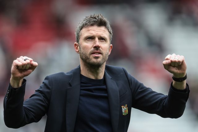 Michael Carrick manager of Manchester United celebrates the 3-2 win with the fans as they chant his name during the Premier League match Manchester United vs Liverpool at Old Trafford, Manchester, United Kingdom on 03 May 2026

(Photo by Mark Cosgrove/News Images)