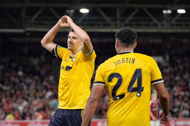James Justin of Leeds United celebrates his goal to make it  0-2 during the Carabao Cup round 2 match Nottingham Forest vs Leeds Rhinos at City Ground, Nottingham, United Kingdom on 25 August 2026

(Photo by Maynard Manyowa/News Images)