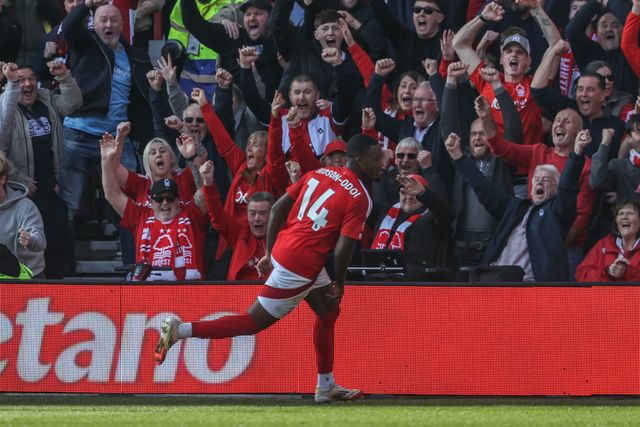 Callum Hudson-Odoi of Nottingham Forest celebrates his goal to make it 1-0 during the Premier League match Nottingham Forest vs Manchester City at City Ground, Nottingham, United Kingdom, 8th March 2025

(Photo by Alfie Cosgrove/News Images)
