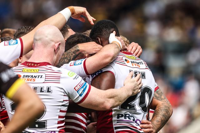 Sam Eseh of Wigan Warriors celebrates his try during the Betfred Super League round 15 match York Knights vs Wigan Warriors at LNER Community Stadium, York, United Kingdom on 20 June 2026

(Photo by Alfie Cosgrove/News Images)