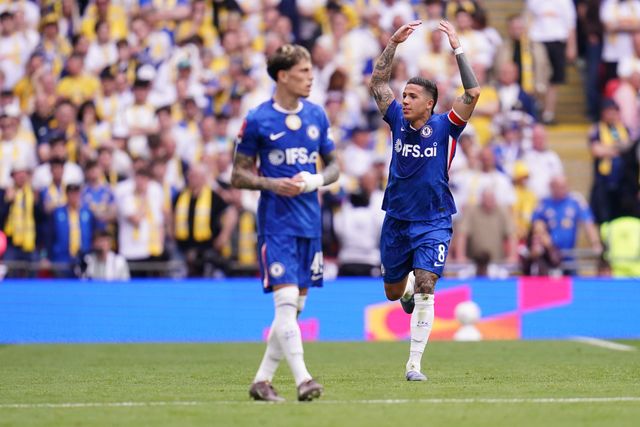 Enzo Fernandez of Chelsea celebrates his goal to make it 1-0 with Chelsea supporters during the Emirates FA Cup Semi-Final match Chelsea vs Leeds United at Wembley Stadium, London, United Kingdom on 26 April 2026

(Photo by Harvey Murphy/News Images)