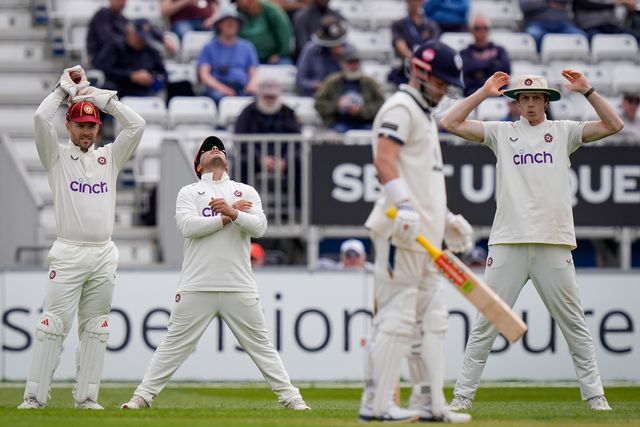 Northamptonshire players react to Caleb Jewell of Derbyshire  playing and missing one during the County Championship Division Two Derbyshire vs Northamptonshire day one match at The Central Co-Op County Ground, Derby, United Kingdom on 08 May 2026

(Photo by Maynard Manyowa/News Images)