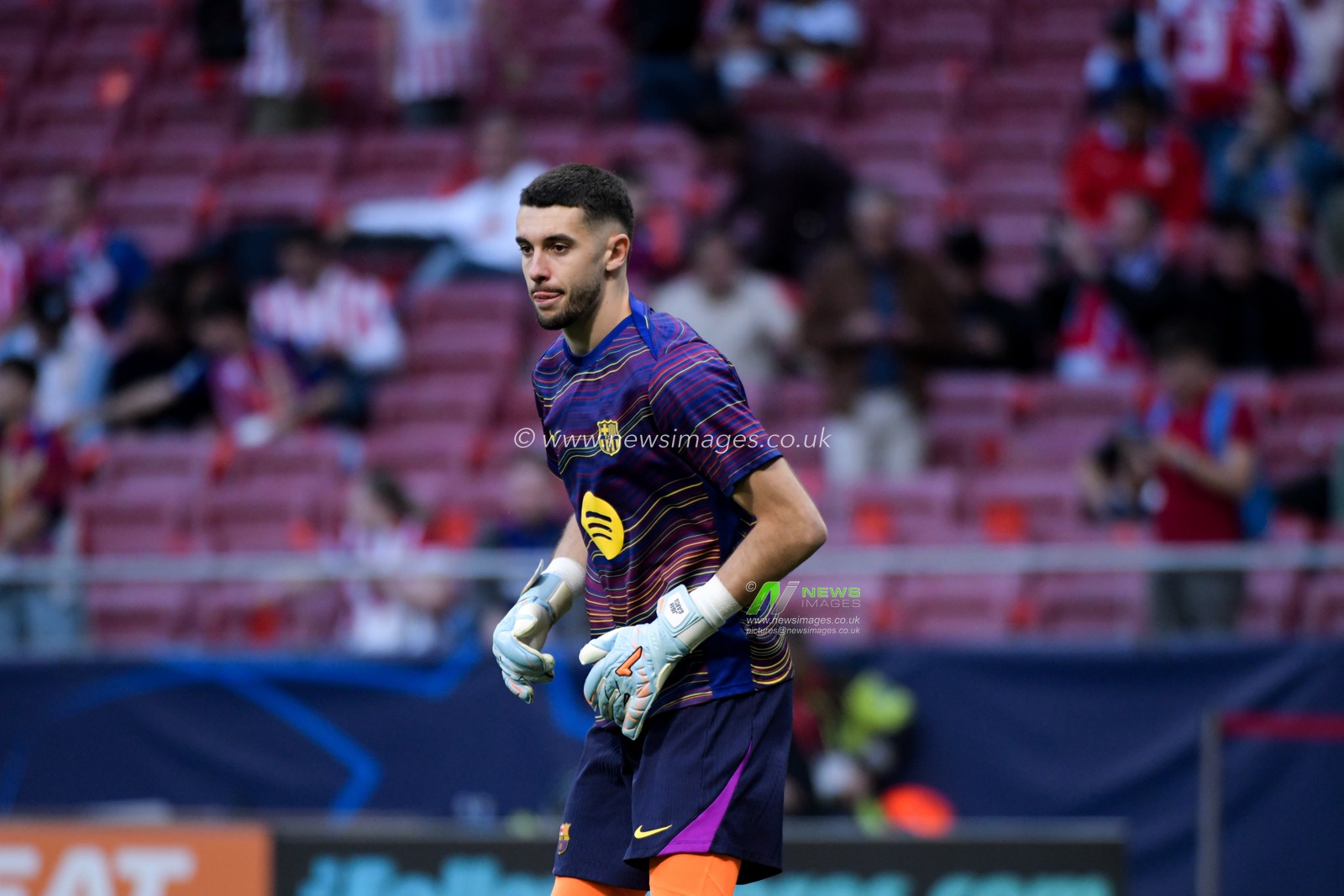 Joan García of FC Barcelona during the warm up of the UEFA Champions League Quarter Finals match Atletico Madrid vs Barcelona at Riyadh Air Metropolitano, Madrid, Spain on 14 April 2026

(Photo by Samuel Carreno/News Images)