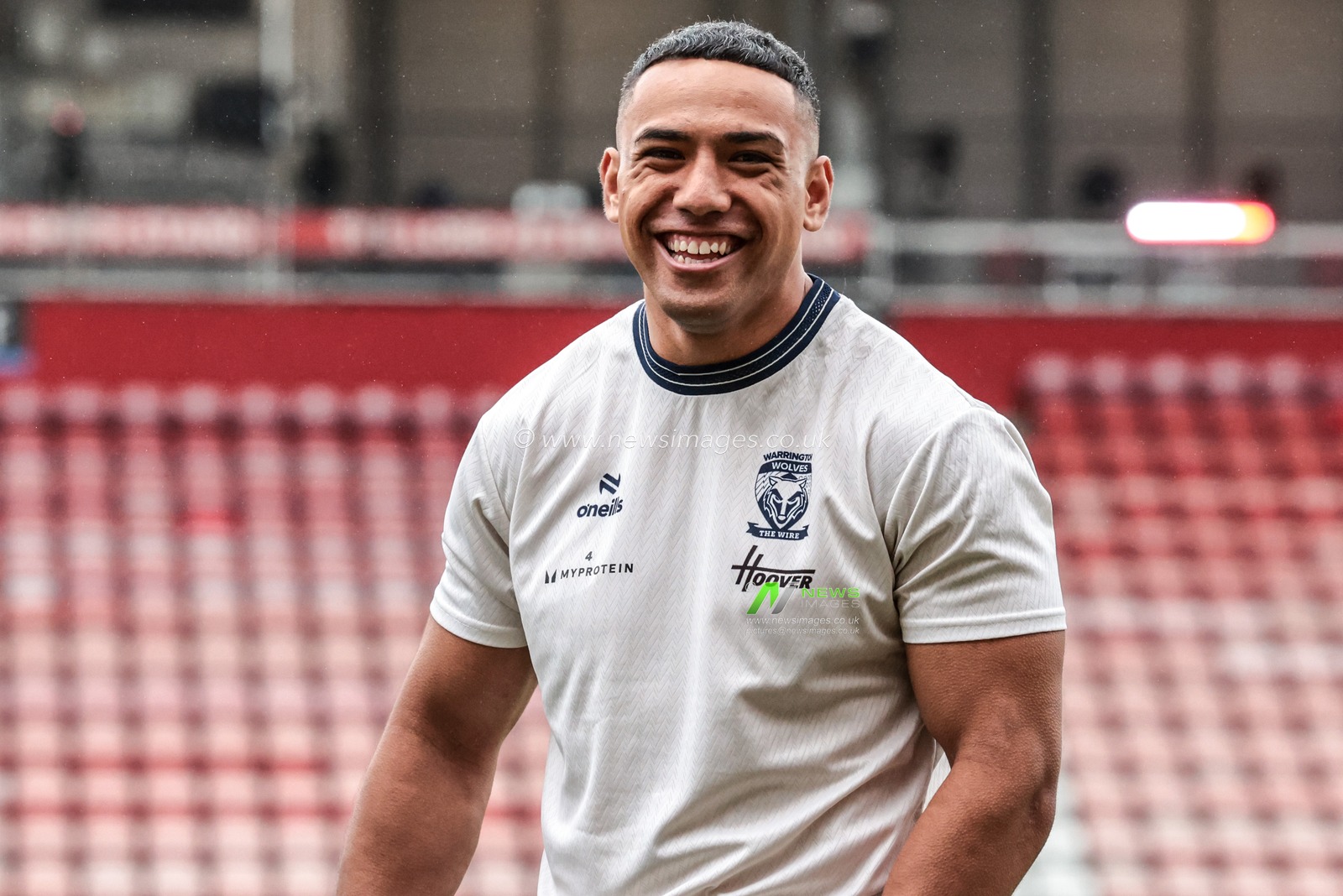 Albert Hopoate of Warrington Wolves arrives during the Betfred Super League round 20 match Leigh Leopards vs Warrington Wolves at Leigh Sports Village, Leigh, United Kingdom on 25 July 2026

(Photo by Alfie Cosgrove/News Images)