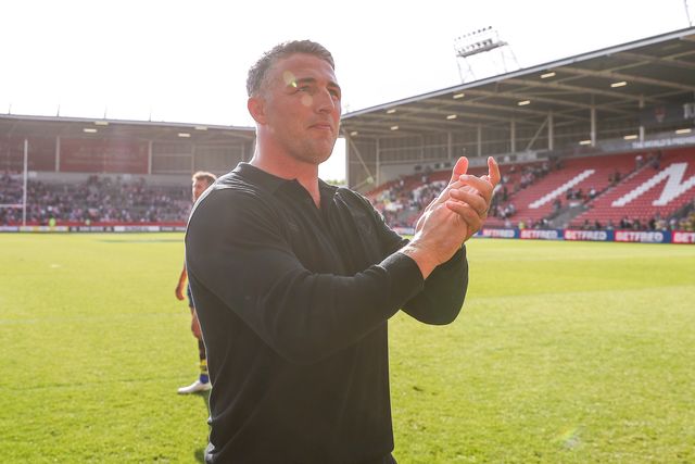 Sam Burgess Head Coach of Warrington Wolves celebrates his teams win after the Betfred Challenge Cup Semi-final match Warrington Wolves vs Leigh Leopards at Totally Wicked Stadium, St Helens, United Kingdom, 11th May 2025

(Photo by Gareth Evans/News Images)