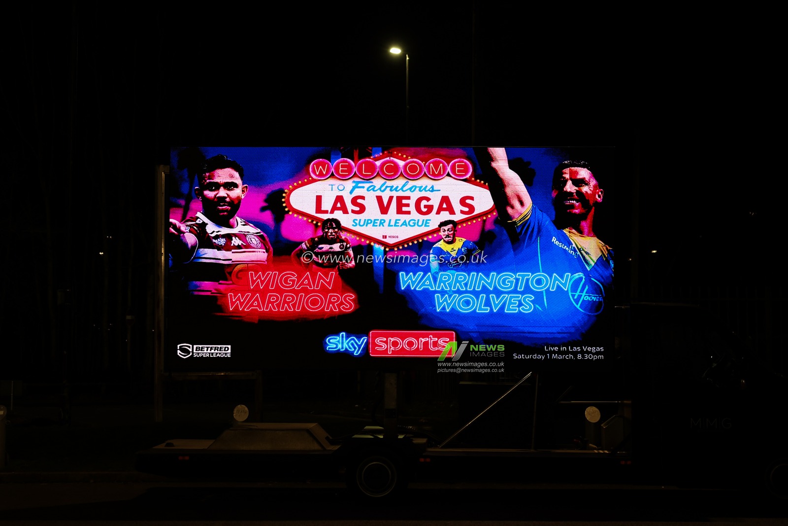 A Welcome to LAs Vega Super League promotion banner on a large LCD screen during the Betfred Super League Round 1 match Wigan Warriors vs Leigh Leopards at The Brick Community Stadium, Wigan, United Kingdom, 13th February 2025

(Photo by Mark Cosgrove/News Images)