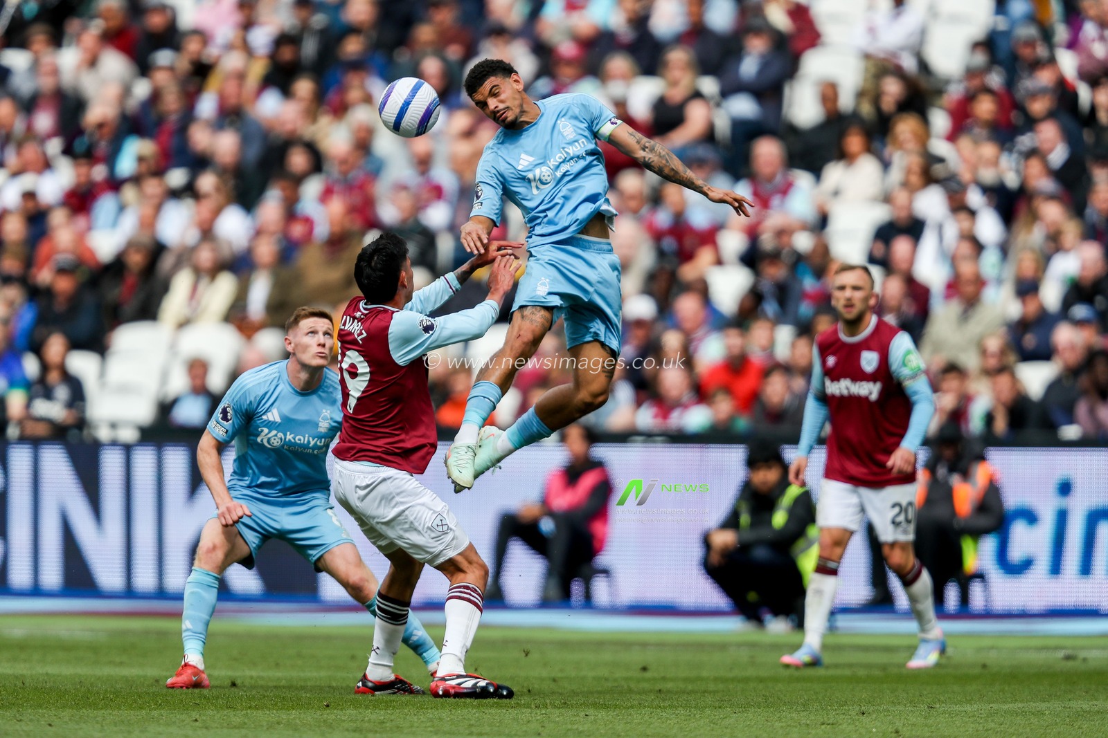 Morgan Gibbs-White of Nottingham Forest heads the ball during the Premier League match West Ham United vs Nottingham Forest at London Stadium, London, United Kingdom, 18th May 2025

(Photo by Izzy Poles/News Images)
