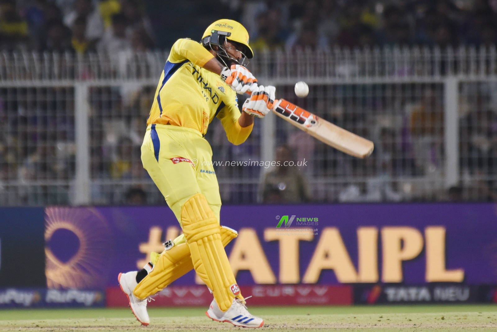 Chennai Super Kings' Ravindra Jadeja plays a shot during the Indian Premier League cricket match between Kolkata Knight Riders and Chennai Super Kings at Eden Gardens in Kolkata, India, Wednesday, May 7, 2025.Photo by Debajyoti Chakraborty.(Photo: Debajyoti Chakraborty/News Images)