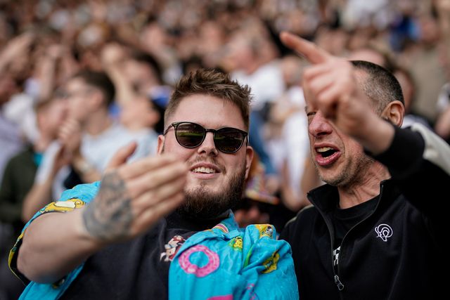 Debry fans celebrate Sammie Szmodics of Derby County scoring a goal to make it 1-0 during the Sky Bet Championship match Derby County vs Sheffield United at Pride Park Stadium, Derby, United Kingdom on 02 May 2026

(Photo by Maynard Manyowa/News Images)