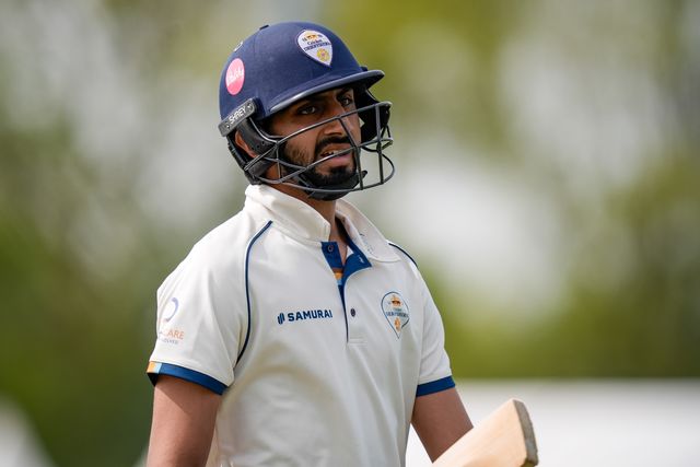 Shoaib Bashir walks off after being given out LBW off the bowling of Graeme van Buuren as Gloucestershire players celebrate a wicket during the County Championship Division Two Derbyshire v Gloucestershire at The Central Co-Op County Ground, Derby, United Kingdom on 26 April 2026

(Photo by Maynard Manyowa/News Images)