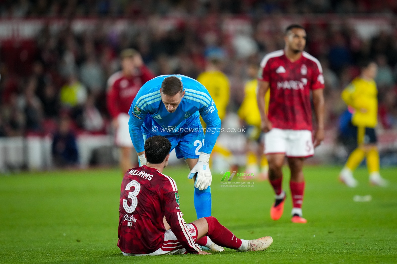 Neco Williams of Nottingham Forest  goes down with a potential injury and is substituted during the Carabao Cup round 2 match Nottingham Forest vs Leeds Rhinos at City Ground, Nottingham, United Kingdom on 25 August 2026

(Photo by Maynard Manyowa/News Images)