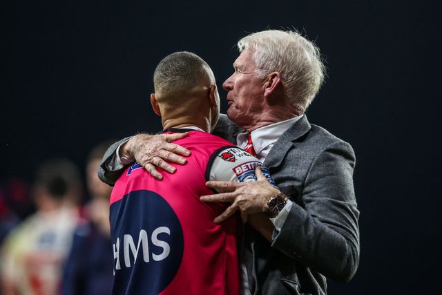 Eamonn McManus, chairman and owner of St Helens celebrates the win with Mark Percival of St. Helens during the Betfred Super League play-off Eliminator 1 match Leeds Rhinos vs St Helens at Headingley Stadium, Leeds, United Kingdom, 27th September 2025

(Photo by Alfie Cosgrove/News Images)