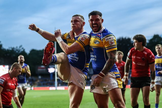 Harry Newman of Leeds Rhinos celebrates his try during the Betfred Super League round 19 match Leeds Rhinos vs Salford Red Devils at Headingley Stadium, Leeds, United Kingdom, 18th July 2025

(Photo by Alfie Cosgrove/News Images)