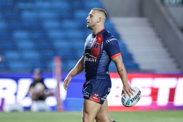 Mikey Lewis of Hull KR celebrates his try during the Betfred Super League Round 20 Salford Red Devils vs Hull KR at Salford Community Stadium, Eccles, United Kingdom, 31st July 2025

(Photo by Mark Cosgrove/News Images)