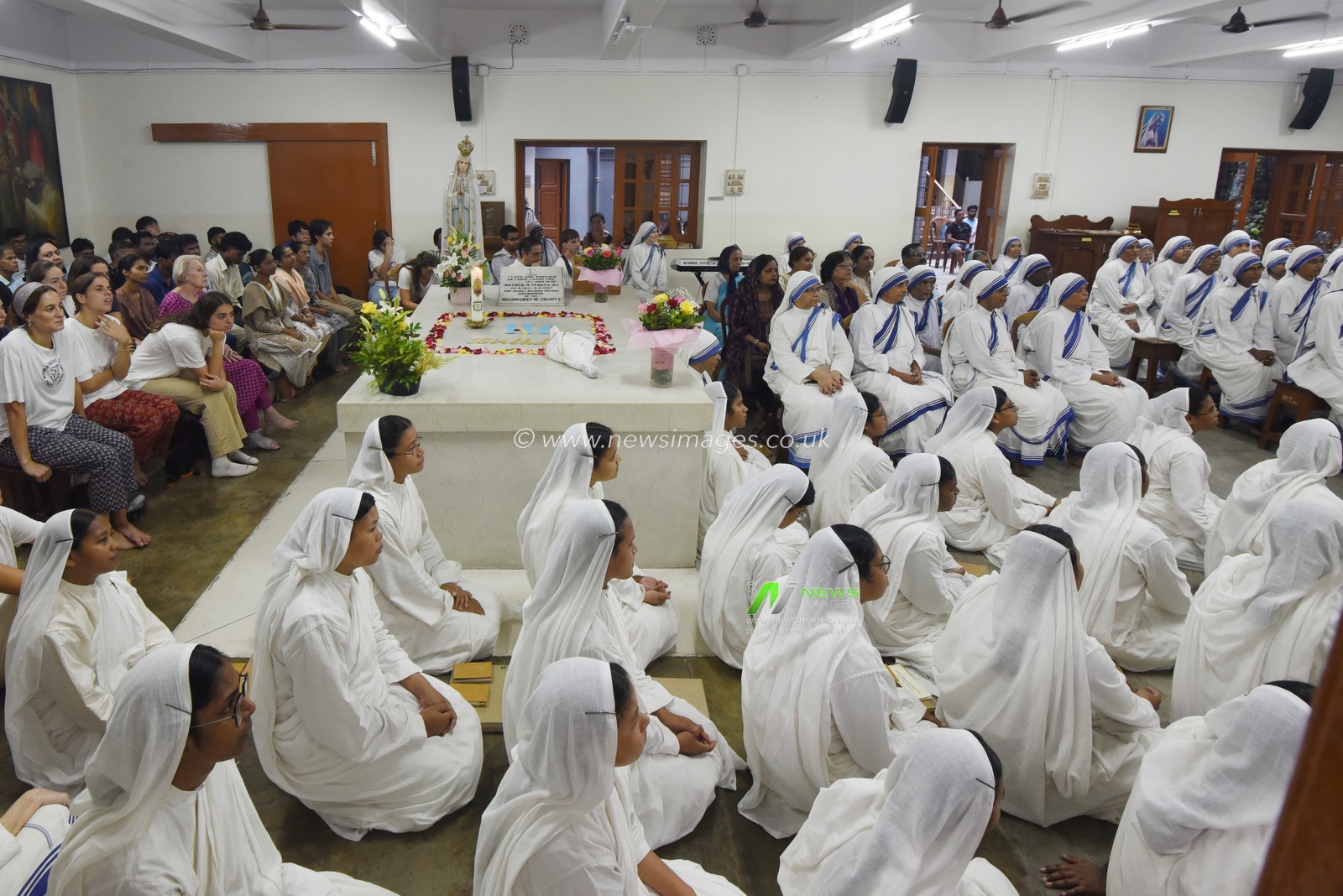 Nuns of the Missionaries of Charity offer prayers at the tomb of Saint Teresa of Kolkata on her 116th birth anniversary at the Mother House in Kolkata, India, Wednesday, August 26, 2026.Photo by Debajyoti Chakraborty(Photo: Debajyoti Chakraborty/News Images)
