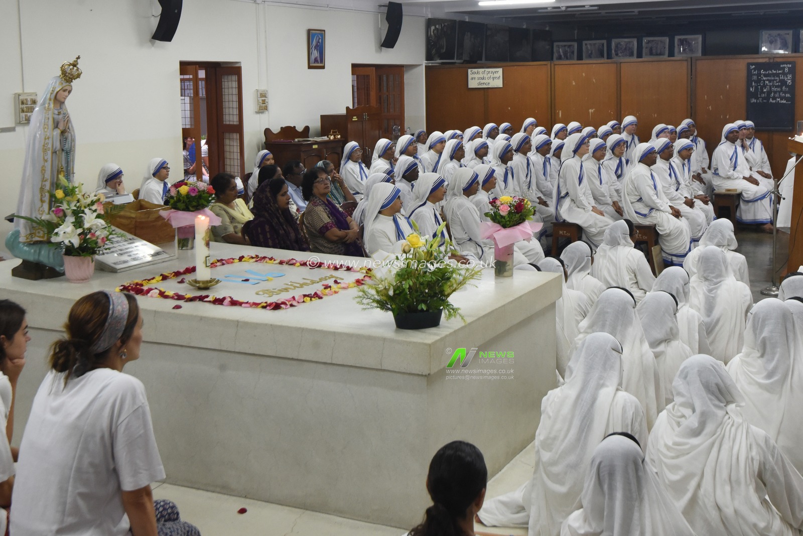 Nuns of the Missionaries of Charity offer prayers at the tomb of Saint Teresa of Kolkata on her 116th birth anniversary at the Mother House in Kolkata, India, Wednesday, August 26, 2026.Photo by Debajyoti Chakraborty(Photo: Debajyoti Chakraborty/News Images)