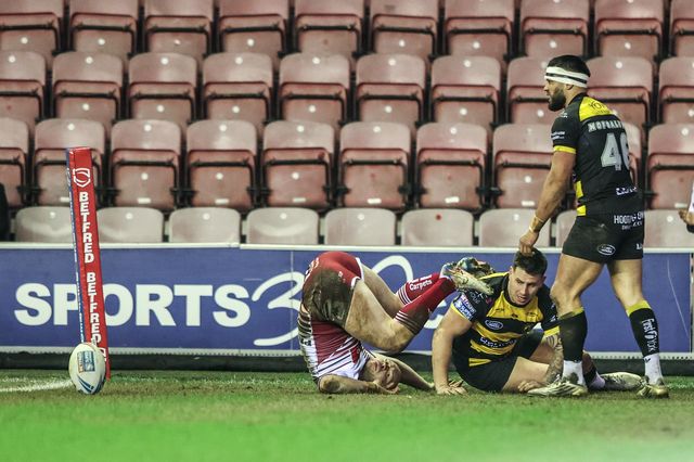 Liam Marshall of Wigan Warriors goes over for a try during the Betfred Super League round 5 match Wigan Warriors vs York Knights at The Brick Community Stadium, Wigan, United Kingdom on 19 March 2026

(Photo by Alfie Cosgrove/News Images)
