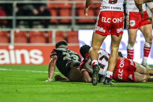 Connor Wynne of Bradford Bulls goes over for a try during the Betfred Super League round 4 match St Helens vs Bradford Bulls at The BrewDog Stadium, St Helens, United Kingdom on 07 March 2026

(Photo by Alfie Cosgrove/News Images)