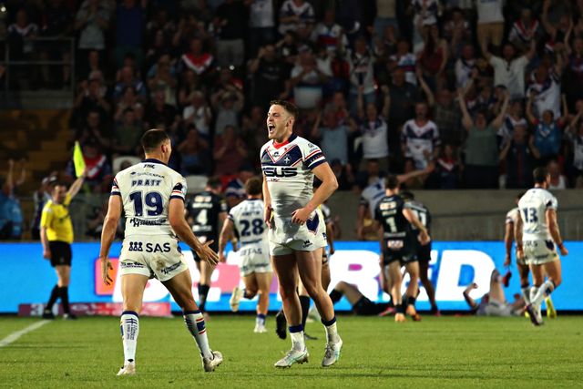 Jake Trueman of Wakefield Trinity celebrates after the Betfred Super League round 15 match Wakefield Trinity vs Wigan Warriors at DIY Kitchens Stadium, Wakefield, United Kingdom, 20th June 2025

(Photo by Sam Eaden/News Images)