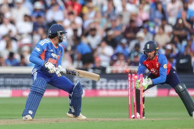Tilak Varma of India is stumped out by Jos Buttler of England during the Third Vitality T20 International match England vs India at Trent Bridge, Nottingham, United Kingdom on 07 July 2026

(Photo by Mark Cosgrove/News Images)