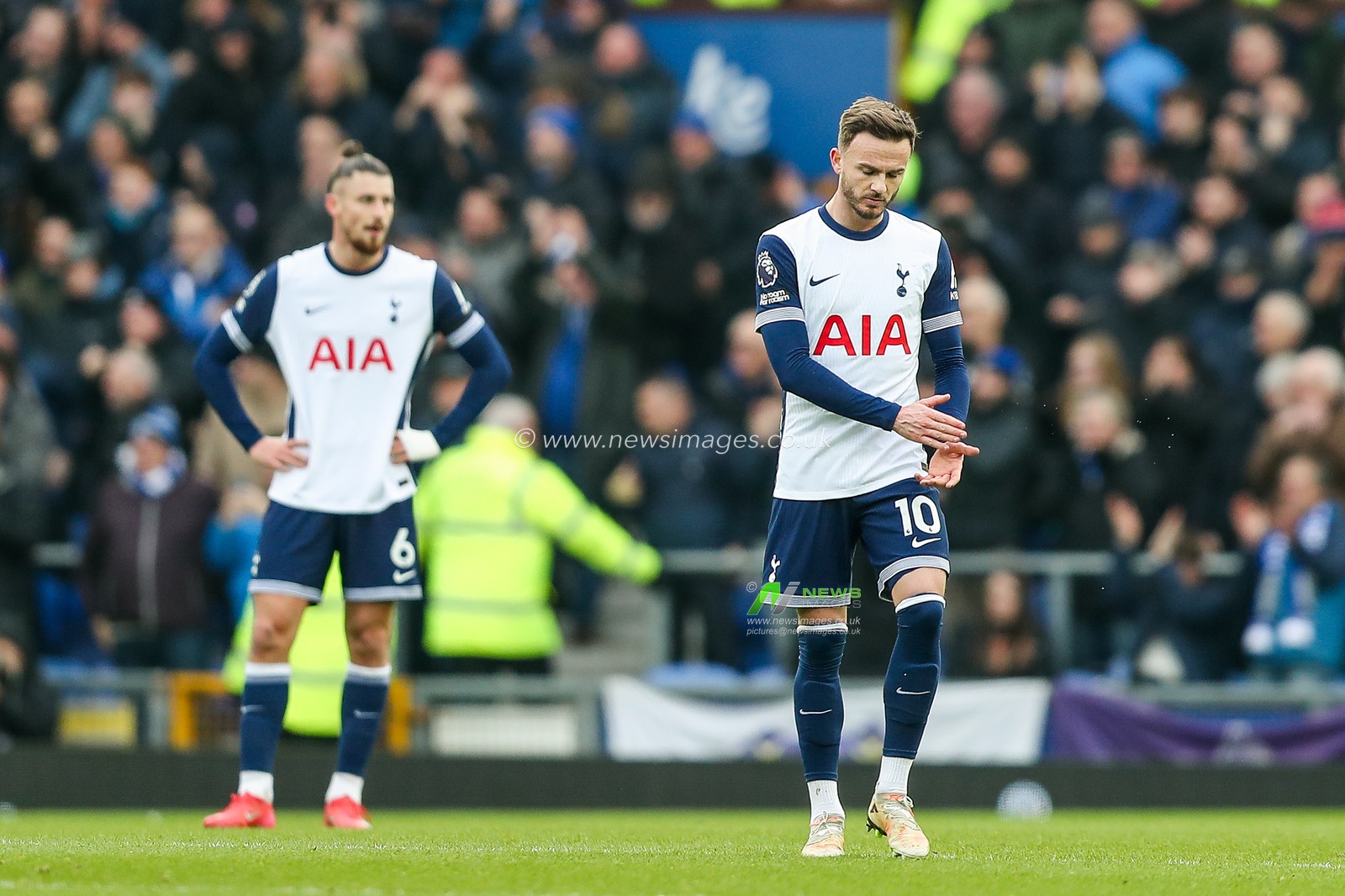 James Maddison of Tottenham Hotspur reacts after Evertonâ€™s second goal during the Premier League match Everton vs Tottenham Hotspur at Goodison Park, Liverpool, United Kingdom, 19th January 2025

(Photo by Gareth Evans/News Images)