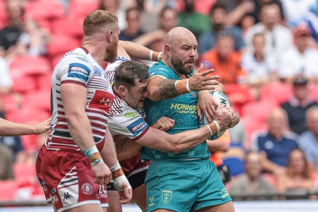 Sam Luckley of Hull KR is tackled by Harry Smith of Wigan Warriors during the Betfred Challenge Cup Final match Wigan Warriors vs Hull KR at Wembley Stadium, London, United Kingdom on 30 May 2026

(Photo by Mark Cosgrove/News Images)