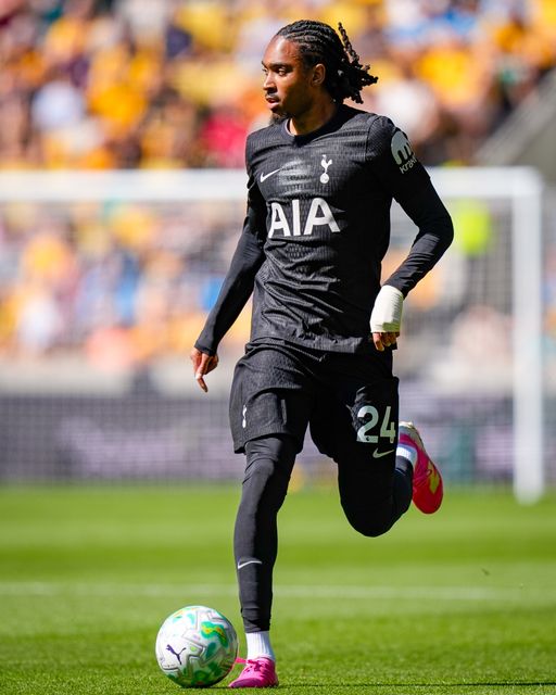 Djed Spence of Tottenham Hotspur makes a run with the ball  during the Premier League match Wolverhampton Wanderers vs Tottenham Hotspur at Molineux, Wolverhampton, United Kingdom on 25 April 2026

(Photo by Maynard Manyowa/News Images)