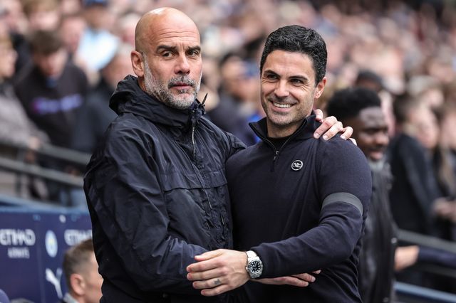 Pep Guardiola manager of Manchester City greats Mikel Arteta manager of Arsenal during the Premier League match Manchester City vs Arsenal at Etihad Stadium, Manchester, United Kingdom on 19 April 2026

(Photo by Mark Cosgrove/News Images)