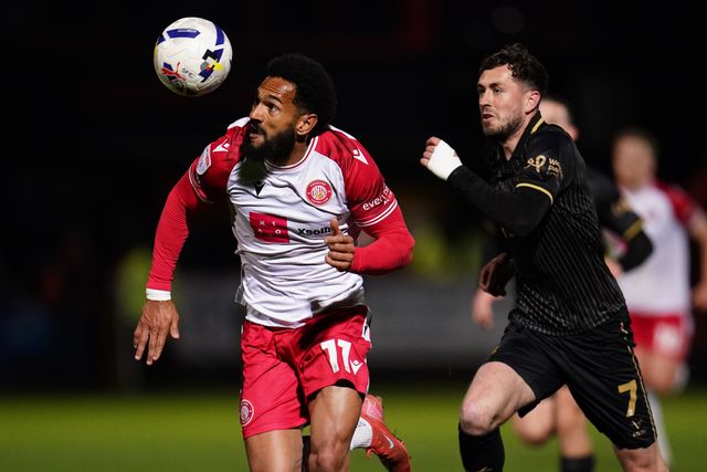 Jordan Roberts of Stevenage eyes on the ball during the Sky Bet League One match Stevenage vs Barnsley at Lamex Stadium, Stevenage, United Kingdom on 21st April 2026

(Photo by Harvey Murphy/News Images)