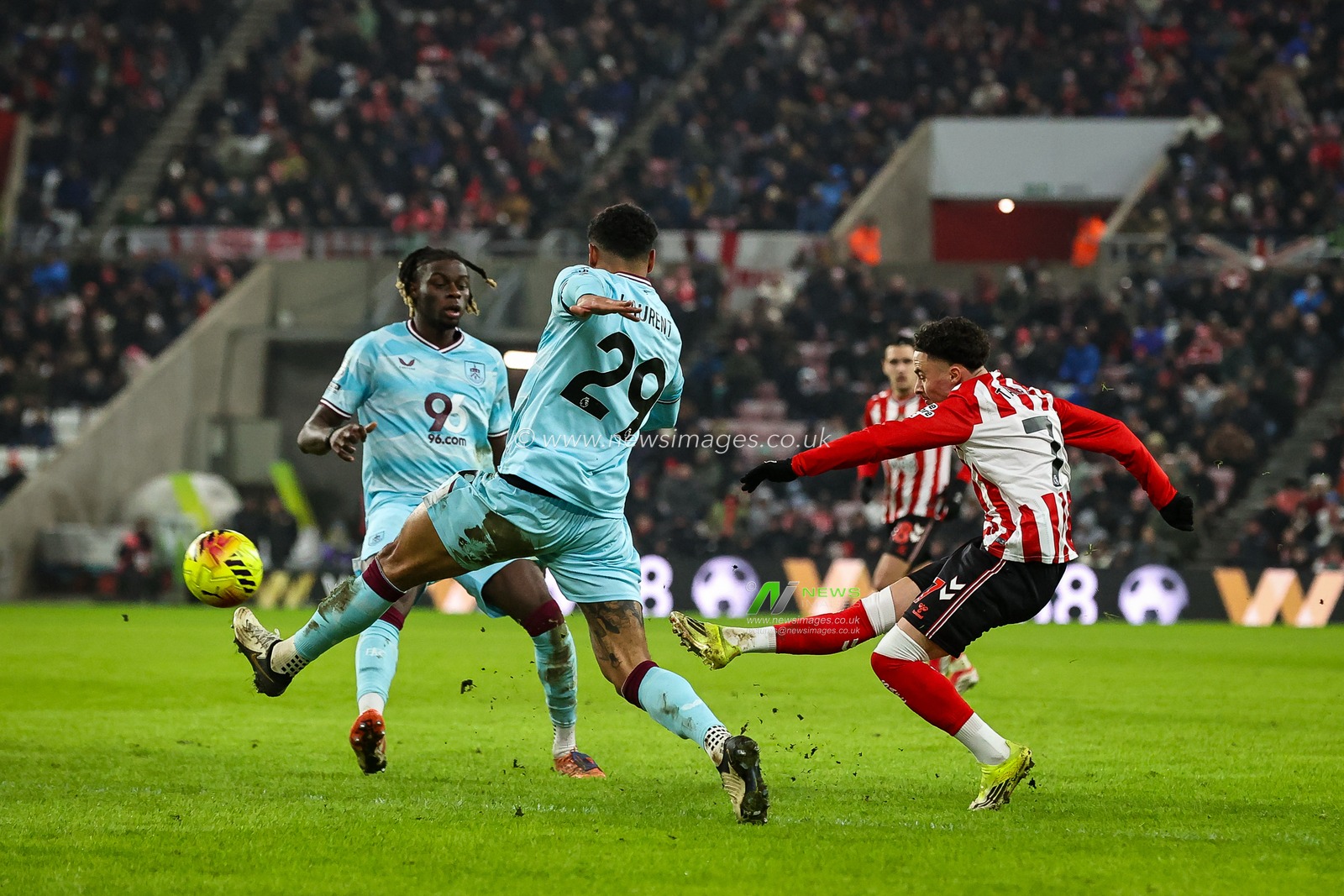Chemsdine Talbi of Sunderland scores to make it  3-0 during the Premier League match Sunderland vs Burnley at Stadium Of Light, Sunderland, United Kingdom, 2nd February 2026

(Photo by Alfie Cosgrove/News Images)