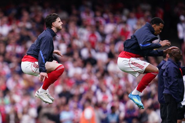 Declan Rice of Arsenal and Gabriel of Arsenal ahead of kick off during the Premier League match Arsenal vs Fulham at Emirates, London, United Kingdom on 02 May 2026

(Photo by Harvey Murphy/News Images)