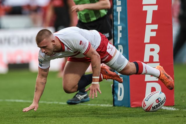 Mikey Lewis of Hull KR goes over for a hat-trick of try's during the Betfred Super League round 12 match Hull KR vs Wigan Warriors at Sewell Group Craven Park, Hull, United Kingdom on 21 May 2026

(Photo by Mark Cosgrove/News Images)