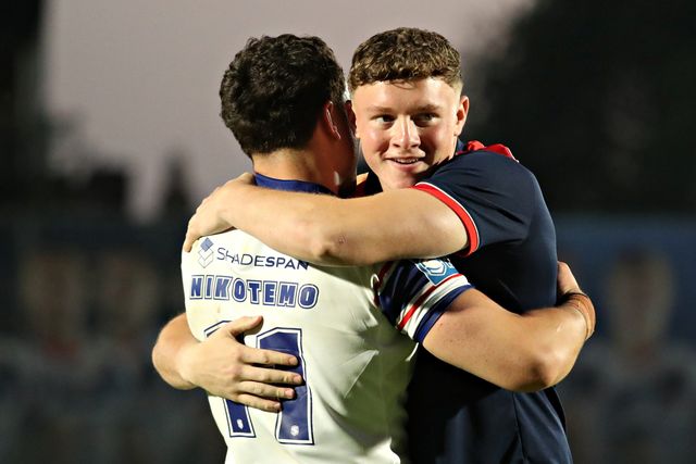 Ellis Lingard and Seth Nikotemo of Wakefield Trinity celebrate after the Betfred Super League round 15 match Wakefield Trinity vs Wigan Warriors at DIY Kitchens Stadium, Wakefield, United Kingdom, 20th June 2025

(Photo by Sam Eaden/News Images)